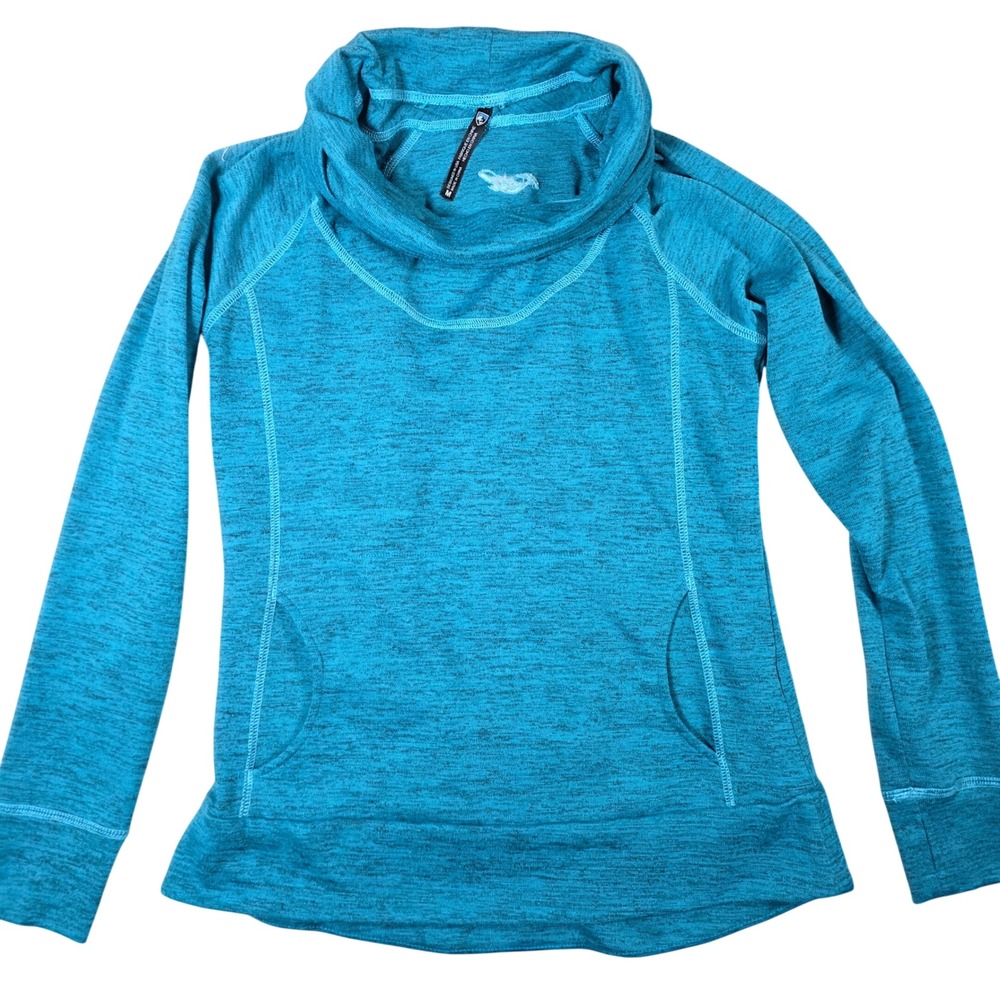 KUHL Lea Pullover Sweater Womens M Teal Space Dye Cowl Neck Kangaroo Pocket‎